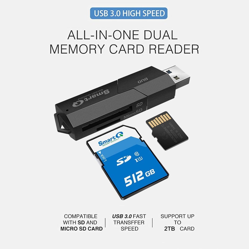 SmartQ C307 DUO SD Card Reader Portable USB 3.0 Flash Memory Card Adapter Hub for SD, Micro SD, SDXC, SDHC, MMC, Micro SDXC, Micro SDHC, UHS-I for Mac, Windows, Linux, Chrome, PC, Laptop, Switch (Duo) - Image 2